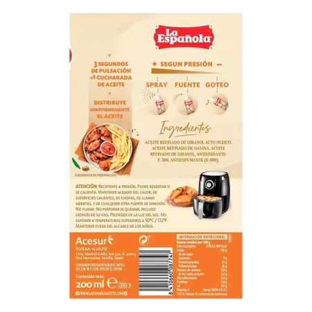 Huile de graines raffinées en spray spéciale Air Fryer 200 ml La Española | Délices du Serrat